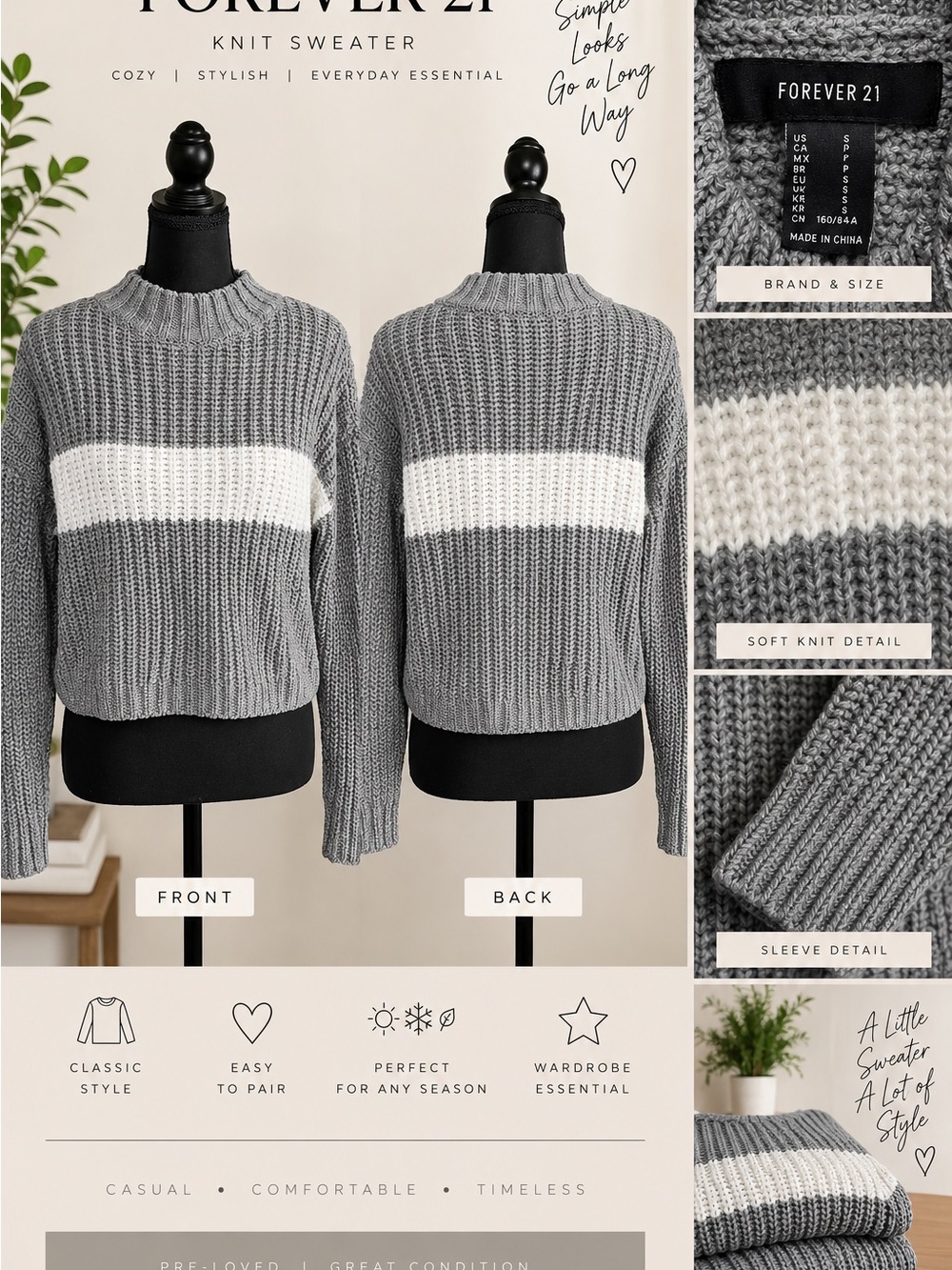 Forever 21 Gray and White Striped Crewneck Sweater
